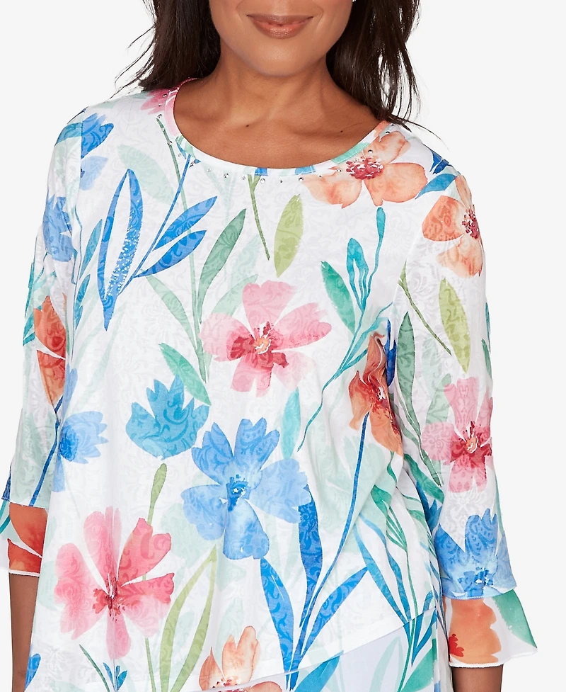 Alfred Dunner Petite Caribbean Blues Whimsical Flower Bell Sleeve Top
