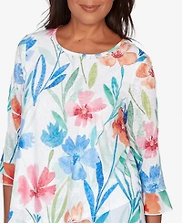 Alfred Dunner Petite Caribbean Blues Whimsical Flower Bell Sleeve Top