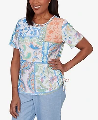 Alfred Dunner Petite Caribbean Blues Patchwork Scroll Side Tie Ruched T-Shirt