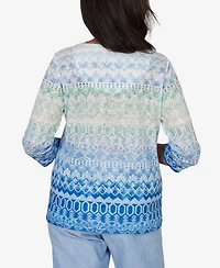 Alfred Dunner Petite Caribbean Blues Ombre Biadere Split Neck Top