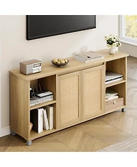 gaomon 63" Mid-Century Modern Tv Stand Rattan Door Entertainment Center with 2 Storage Cabinets & 3 Open Shelves, Media Console for Living