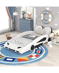flynama Race Car Shaped Platform Bed With Wheels For Kids Bedroom