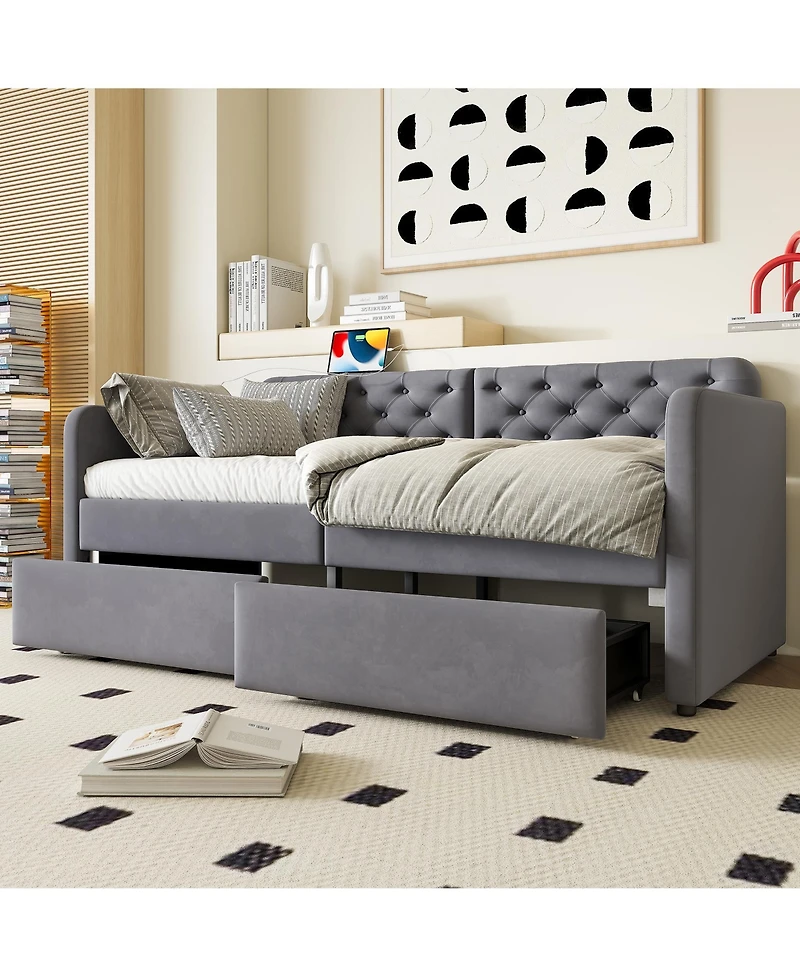 flynama Upholstered Daybed 2 Storage Drawers Usb Charging