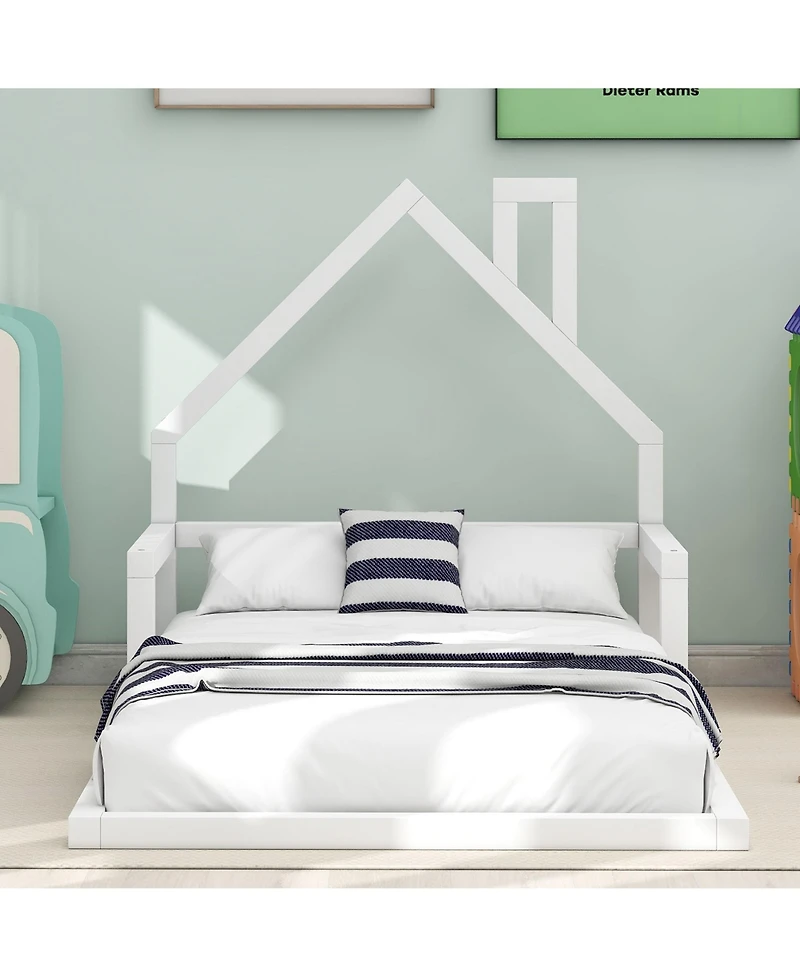 flynama Wood Floor Bed House Shaped Headboard Chimney Pine Wood Mdf