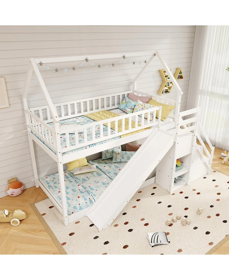 Sugift Twin Over Twin Bunk Bed with Slide and Staircase