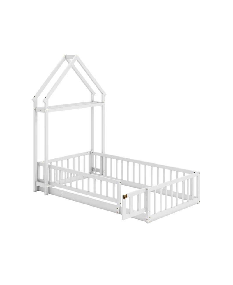 Sugift Twin House Floor Bed with House Shaped Headboard