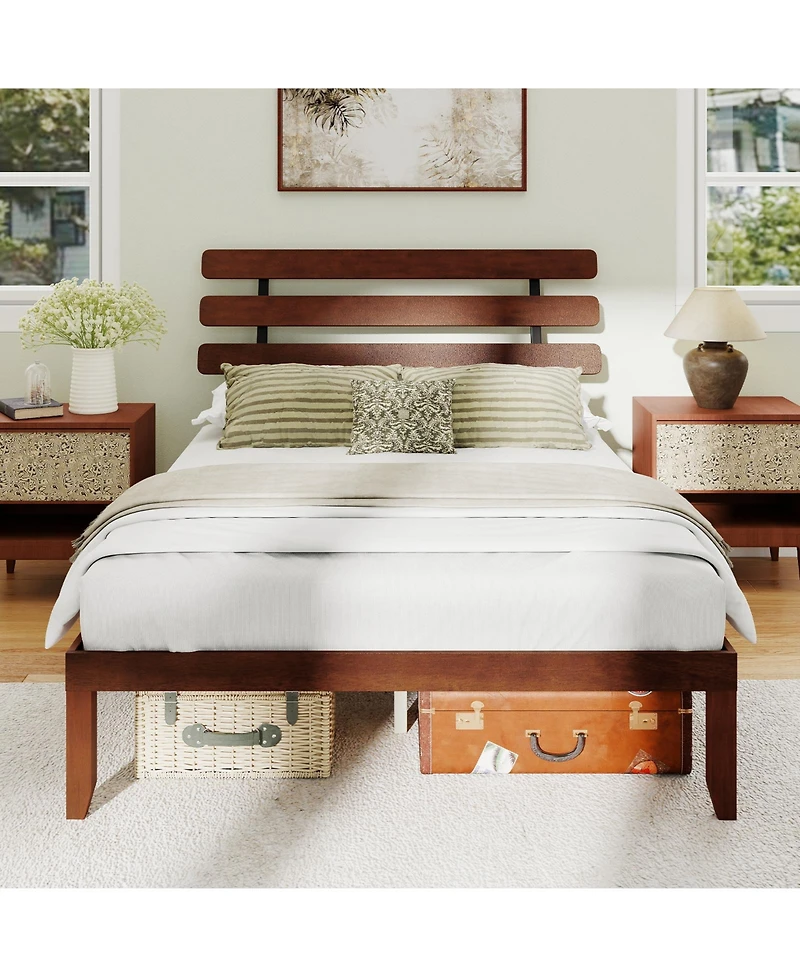 Sugift Solid Wood Platform Bed with Retro Style Headboard