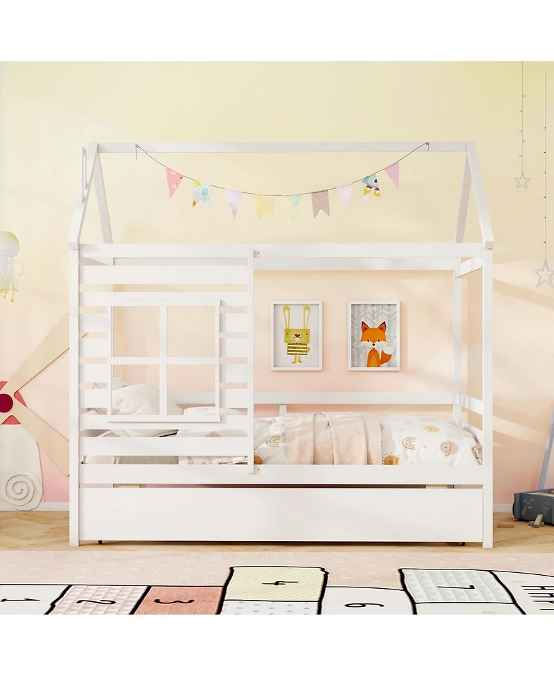 Sugift Wooden Platform House Bed with Trundle and Roof