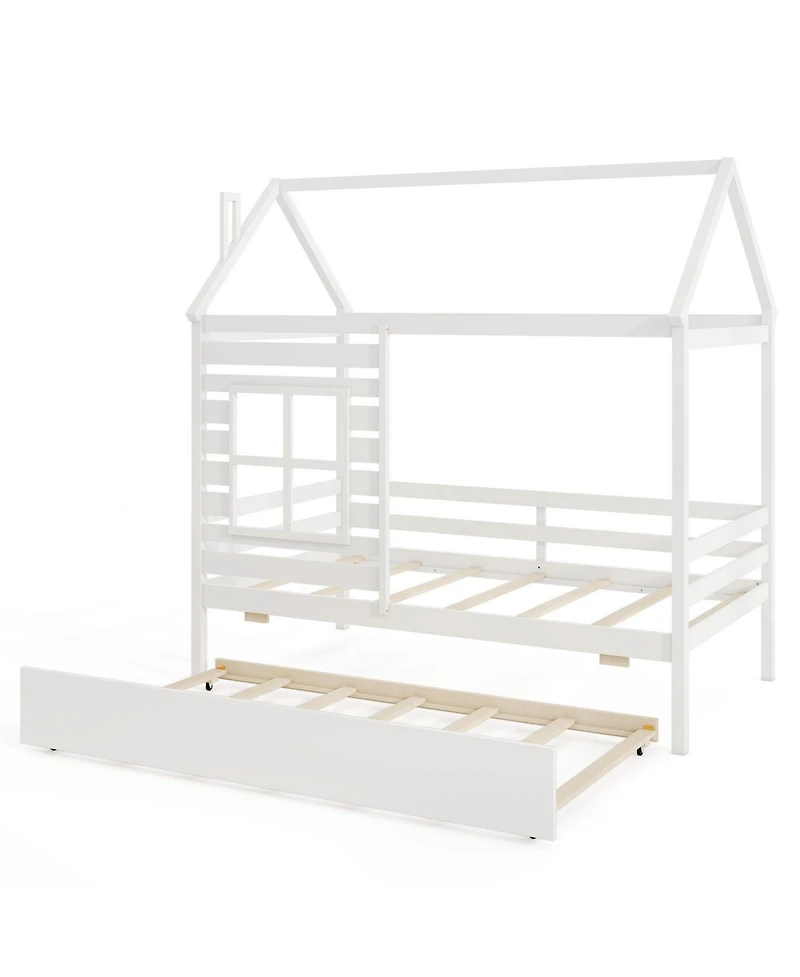 Sugift Wooden Platform House Bed with Trundle and Roof