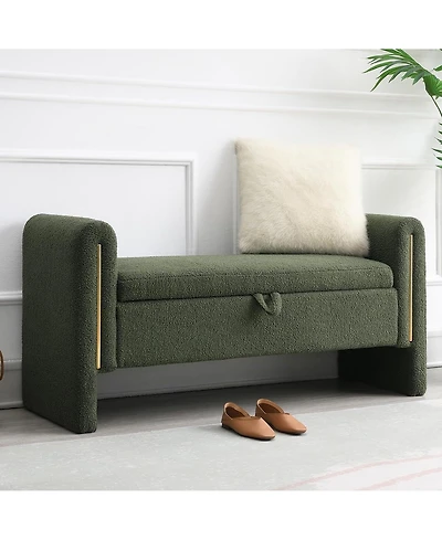 Rainsken Upholstered Storage Ottoman, Modern Teddy End of Bed Bench, Window Storage Stool with Arms for Living Room