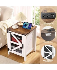 gaomon Farmhouse Nightstand with Charging Station, 18" Bedside End Table with Barn Mesh Door and Adjustable Shelf, Rustic Sofa Side Table for Bed