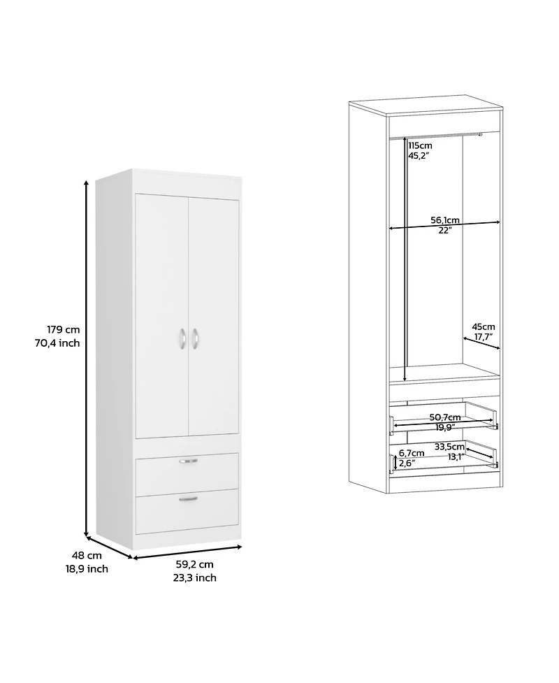 flynama Armoire 70 Inch High Double Door Cabinet with Two Drawers Metal Handles and Hanging Rod
