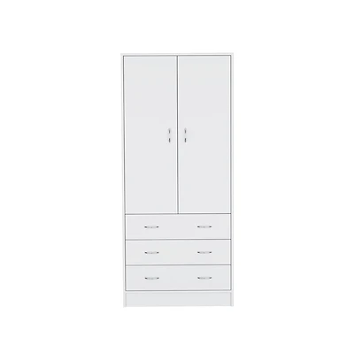 flynama Ramey Armoire Bedroom Storage Organizer with Hanging Rod Three Drawers and Stylish Handles