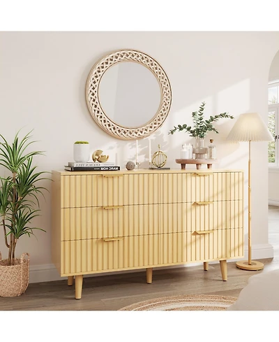 flynama 6 Drawer Fluted Wooden Dresser 47.24W 14.96D 33.06H for Bedroom Nursery Entrance with Wave Pattern