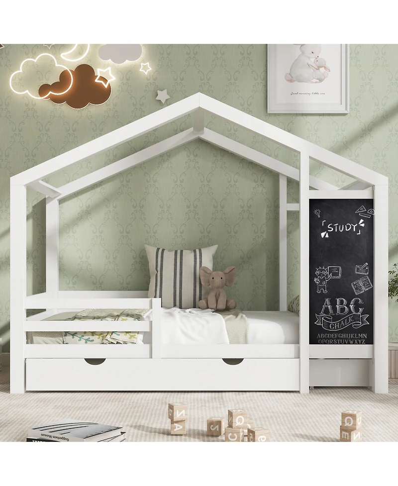 flynama House Bed with 335x16 Inch Blackboard Multiple Drawers and Two Assembly Options