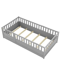 flynama Montessori Wooden Floor Bed With Support Slat High Barrier And Door For Kids