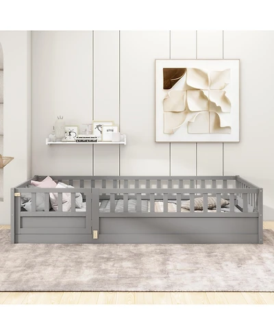 flynama Montessori Wooden Floor Bed With Support Slat High Barrier And Door For Kids