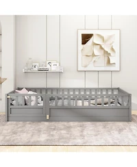 flynama Montessori Wooden Floor Bed With Support Slat High Barrier And Door For Kids