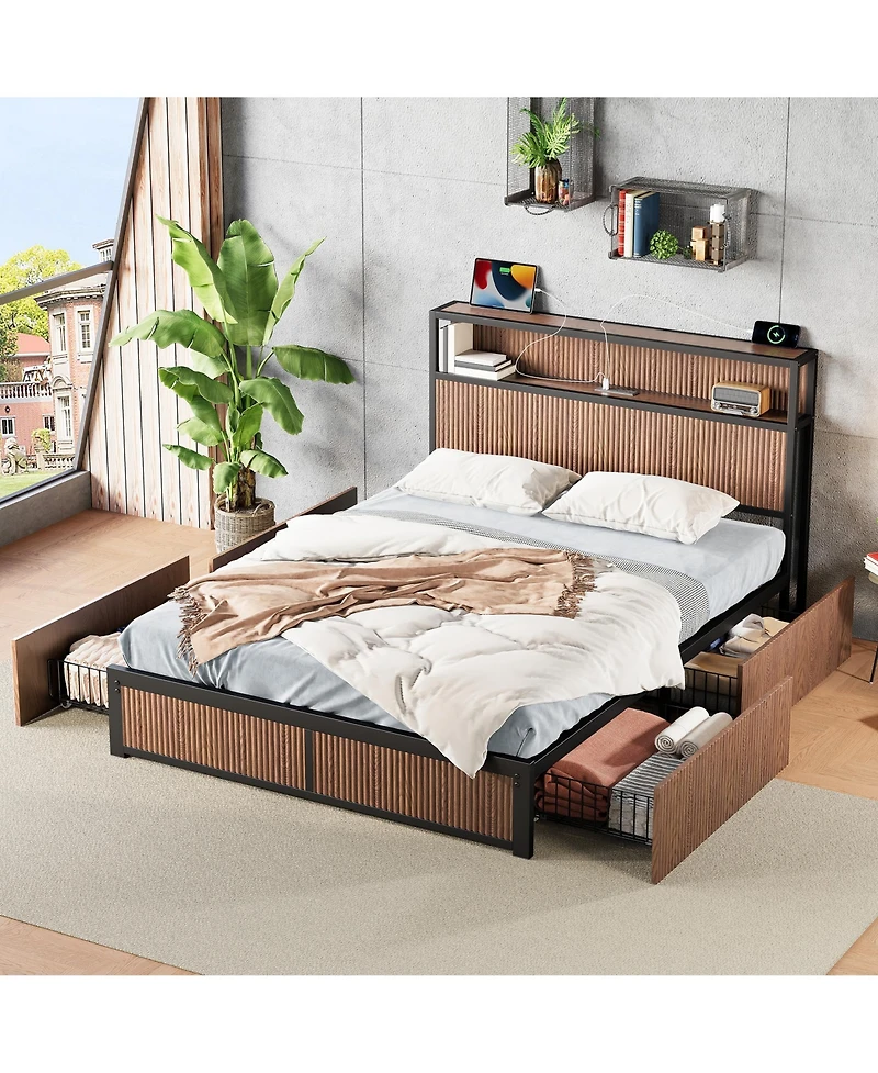 flynama Wooden Platform Bed With Multiple Drawers Storage Socket Wood