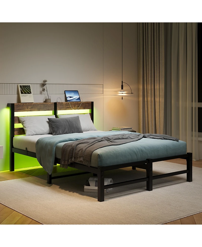 flynama Metal Bed Wooden Headboard Rgb Lights Charger Storage