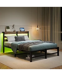 flynama Metal Bed Wooden Headboard Rgb Lights Charger Storage