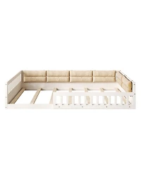 flynama Wood Upholstered Platform Bed Guardrail Fluffy Pillows Pine Wood Mdf