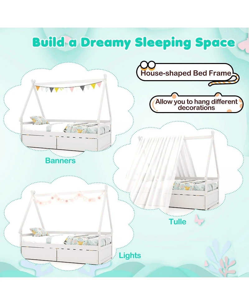 Sugift Twin Size House Bed with Roof Design and Safety Guardrails