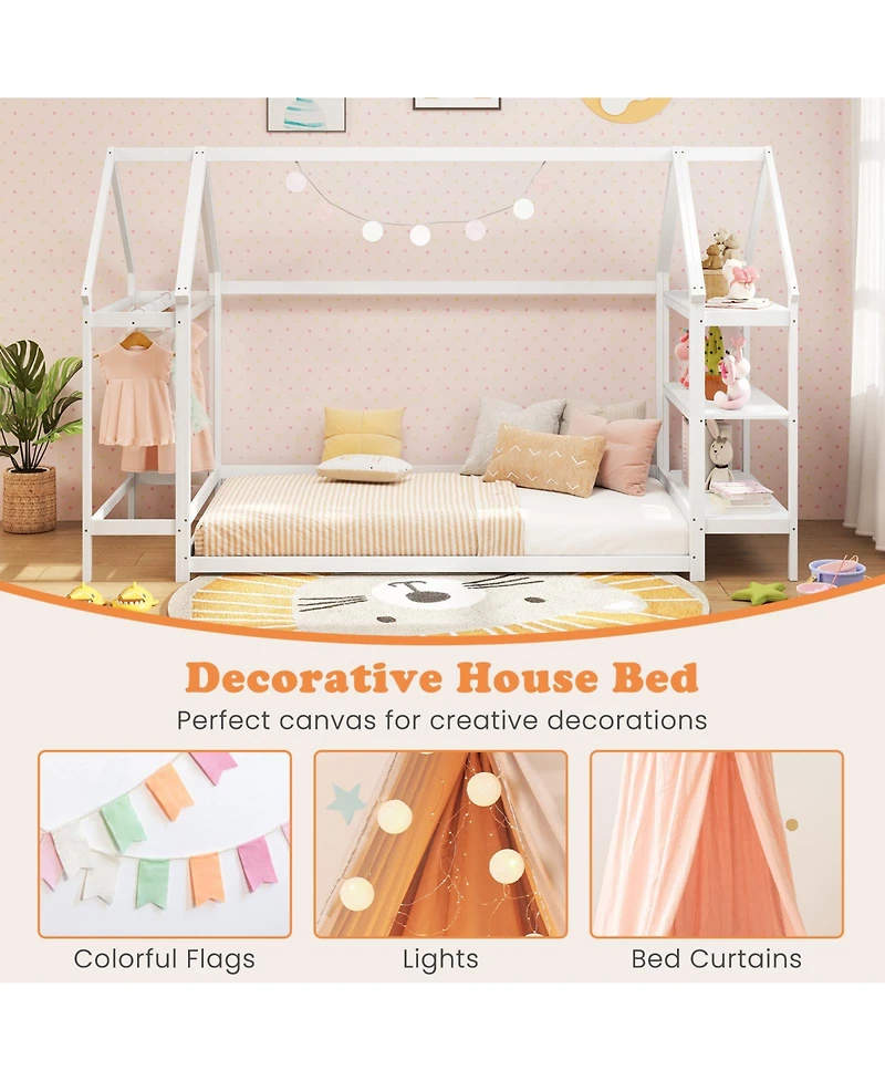 Sugift Twin Montessori Floor House Bed with Detachable Storage Shelves