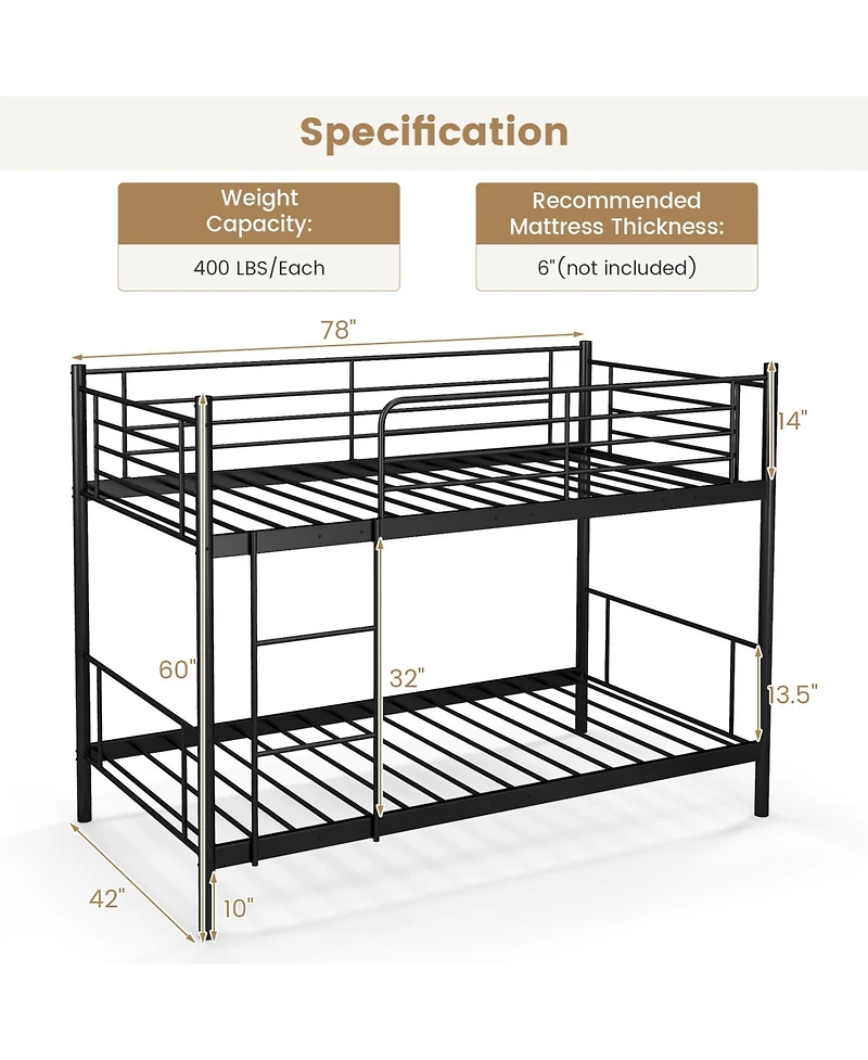 Sugift Metal Bunk Bed with Ladder and Full Length Safety Guardrails