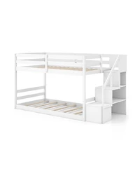 Sugift Twin Over Twin Low Bunk Bed with Storage Stairs Solid Wood