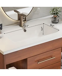 Sillysis 35.4" Mid-Century Wall Mounted Bathroom Vanity with Integrated Ceramic Sink, Walnut Solid Wood, Soft Close Drawers, Open Shelves
