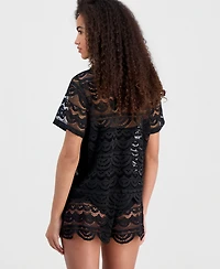Miken Women's Crochet Swim Cover Up Camp Shirt, Macy's Exclusive