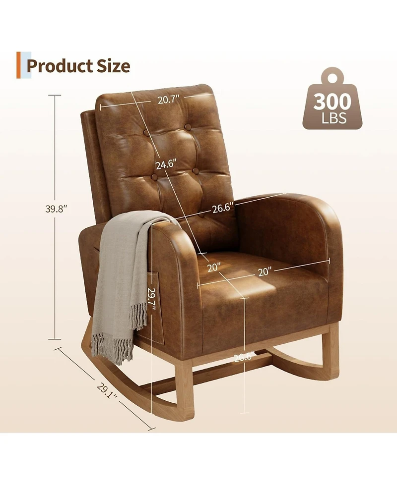 gaomon High Backrest Rocking Chair, Modern Pu Leather Upholstered, Wood Legs, Lounge for Living Room, Bedroom
