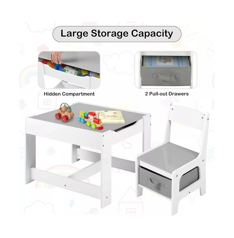 Kinder King 3-in-1 Kids Table with 2 Chairs, Storage and Removable Chalkboard Top