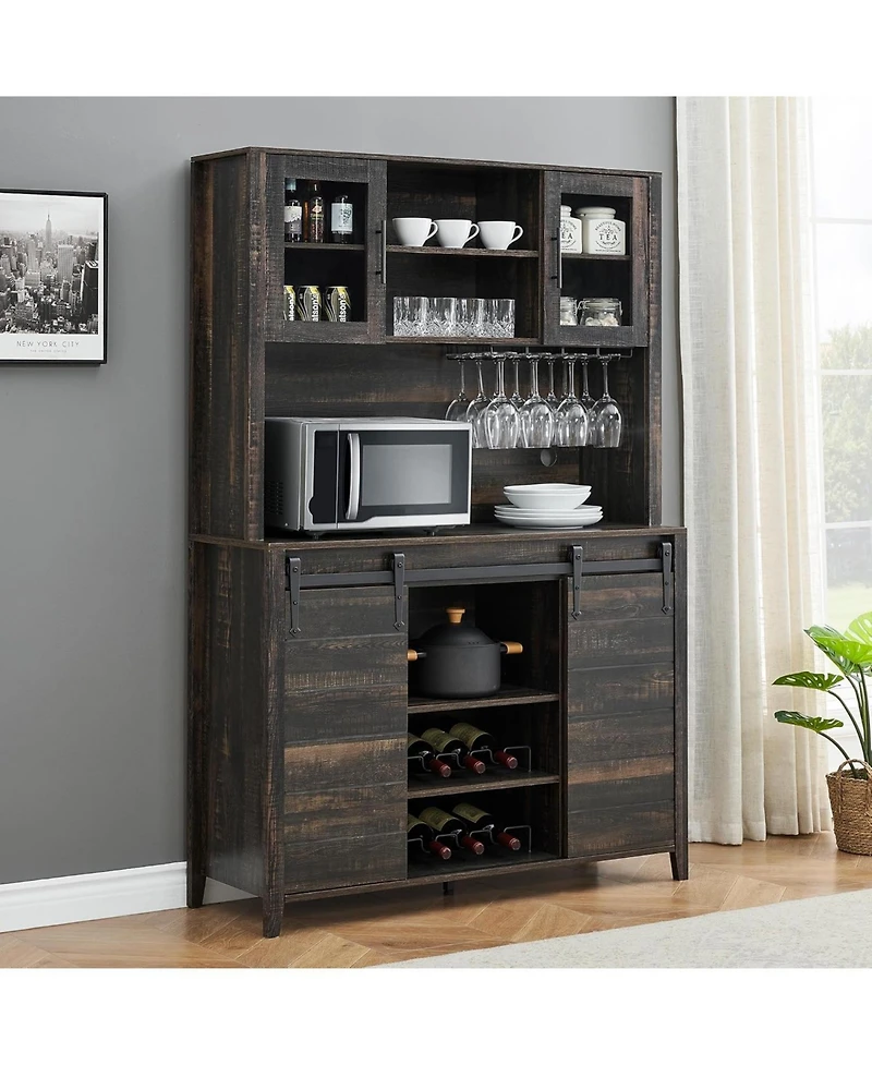 gaomon 70'' Tall Farmhouse Coffee Bar Cabinet, Kitchen Hutch Storage with Sliding Barn Door