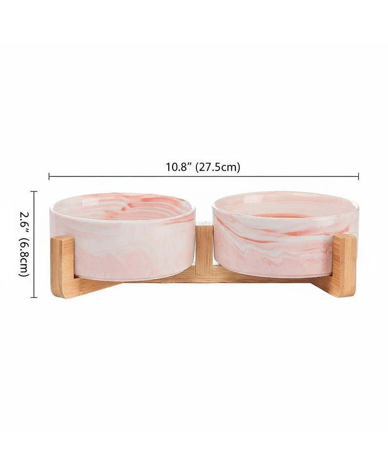 Aronkl Ceramic Cat Dog Bowl Set with Wood Stand Non Slip 13.5 Ounces Easy Wash Safe Pet Feeder