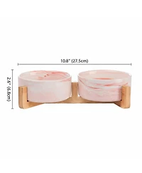 Aronkl Ceramic Cat Dog Bowl Set with Wood Stand Non Slip 13.5 Ounces Easy Wash Safe Pet Feeder