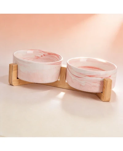 Aronkl Ceramic Cat Dog Bowl Set with Wood Stand Non Slip 13.5 Ounces Easy Wash Safe Pet Feeder
