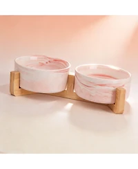 Aronkl Ceramic Cat Dog Bowl Set with Wood Stand Non Slip 13.5 Ounces Easy Wash Safe Pet Feeder
