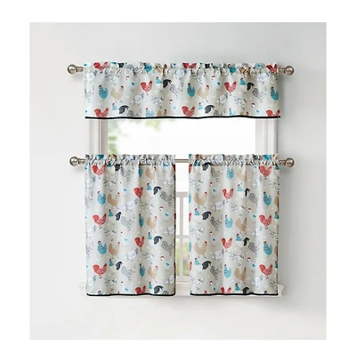 Kate Aurora Multi Rooster Complete 3 Pc Kitchen Curtain Tier and Valance Set