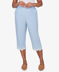 Alfred Dunner Petite Caribbean Blues Eyelet Embroidered Cuff Capri Pants