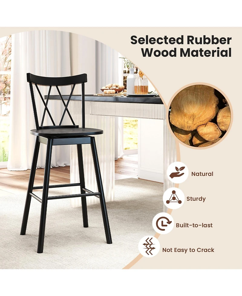 Gymax Windsor Bar Stool Set of 2 29'' Swivel Rubber Wood Dining Chairs Spacious Seat