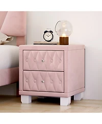Flynama Elegant Velvet Nightstand with 2 Drawers Crystal Handle Button Tufted Bedroom Storage Table