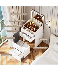 Flynama Space Saving Small Led Vanity Table with Basic Standard Mirror Classic and Cushioned Stool
