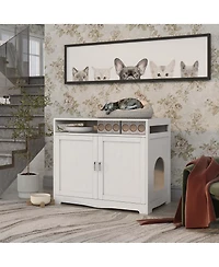 Aostirmotor Cat Litter Box Enclosure with Hidden Plug – 2-Door Wooden Bench & Side Table