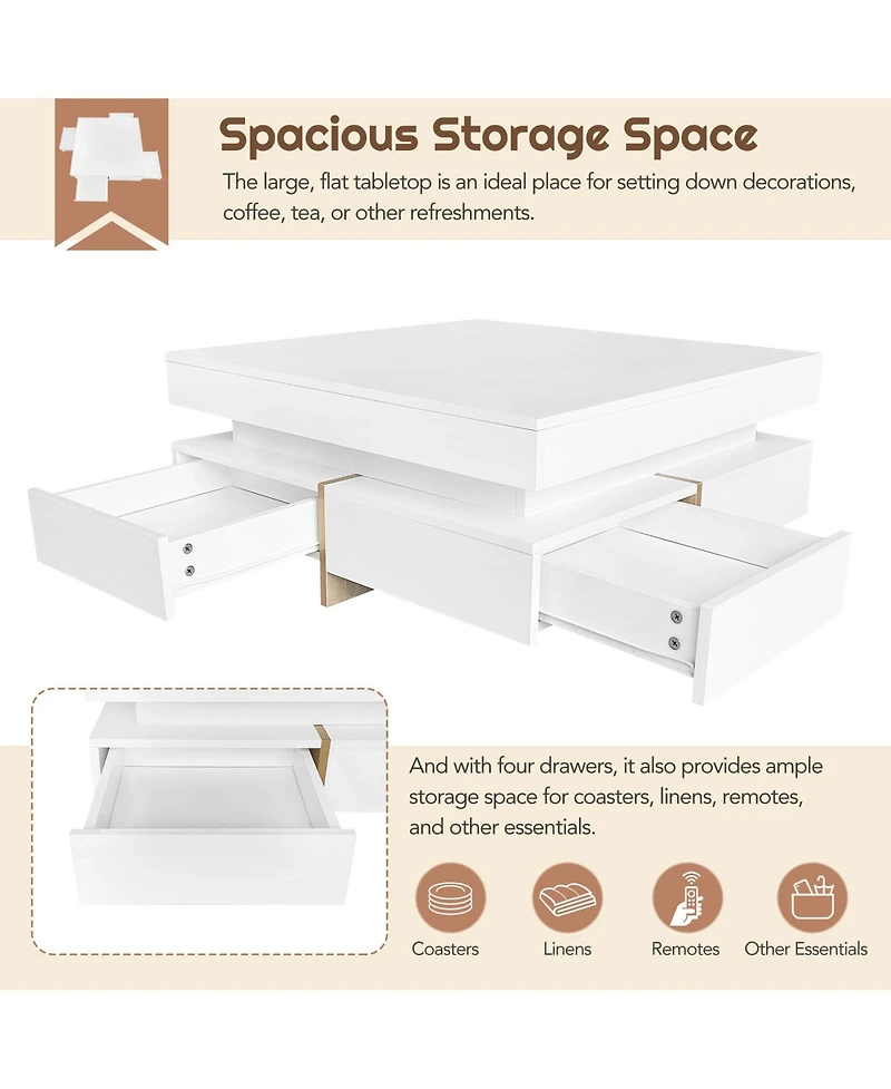 Rainsken Modern High Gloss Coffee Table, Multi-Storage Square Center Table with 4 Drawers and Wood Grain Legs for Living Room