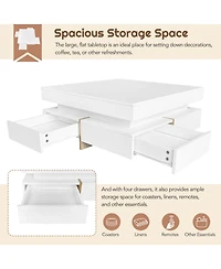 Rainsken Modern High Gloss Coffee Table, Multi-Storage Square Center Table with 4 Drawers and Wood Grain Legs for Living Room