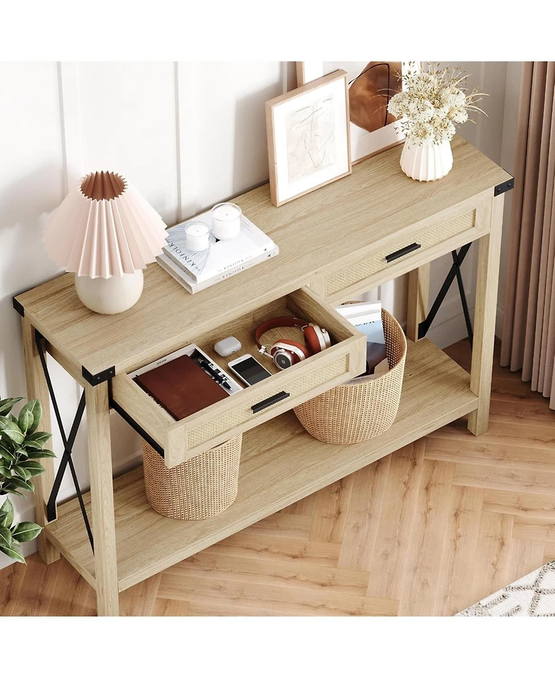 gaomon Farmhouse Entryway Console Table with Rattan Drawers, Sofa Table with Storage for Living Room, Hallway, Entryway