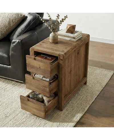 Tribesigns Wood End Table with 3 Drawers, Solid Wood Sofa Side Table, Nightstand
