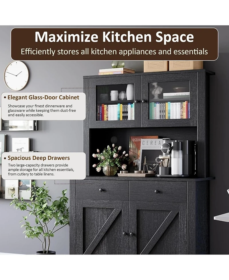 gaomon Kitchen Cabinet with Microwave Stand & Drawers, Large Storage Hutch Adjustable Shelves, Freestanding Coffee Bar Station for